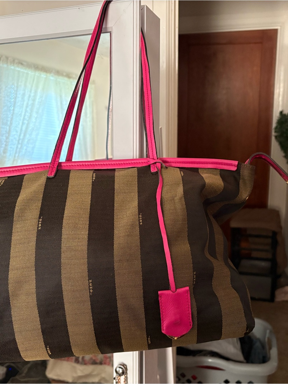 Fendi Striped Canvas Tote with Pink Trim
